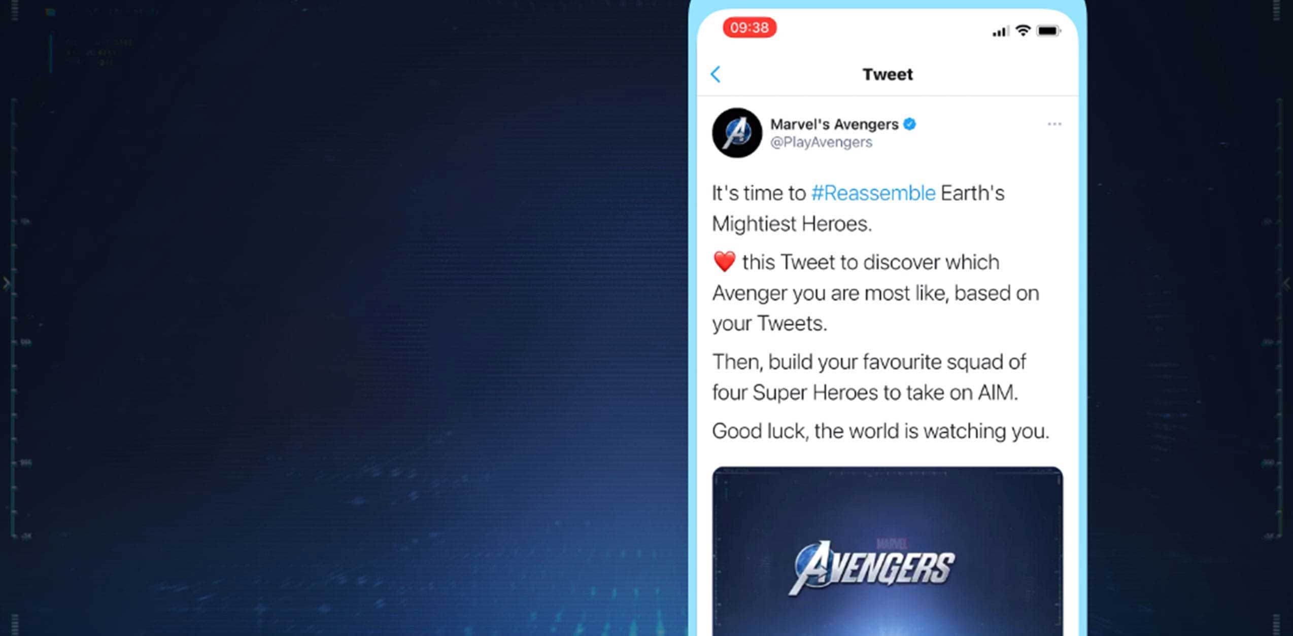 Phone screen showing the Avengers campaign tweet