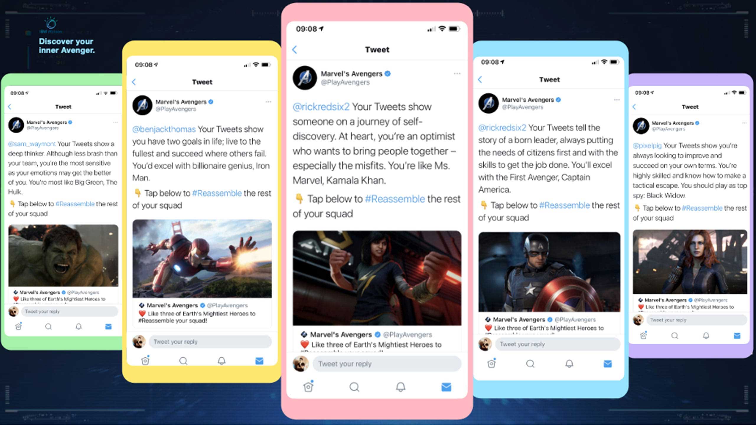 Phone screens showing the Avengers tweets sent to users informing them which Avenger they were.