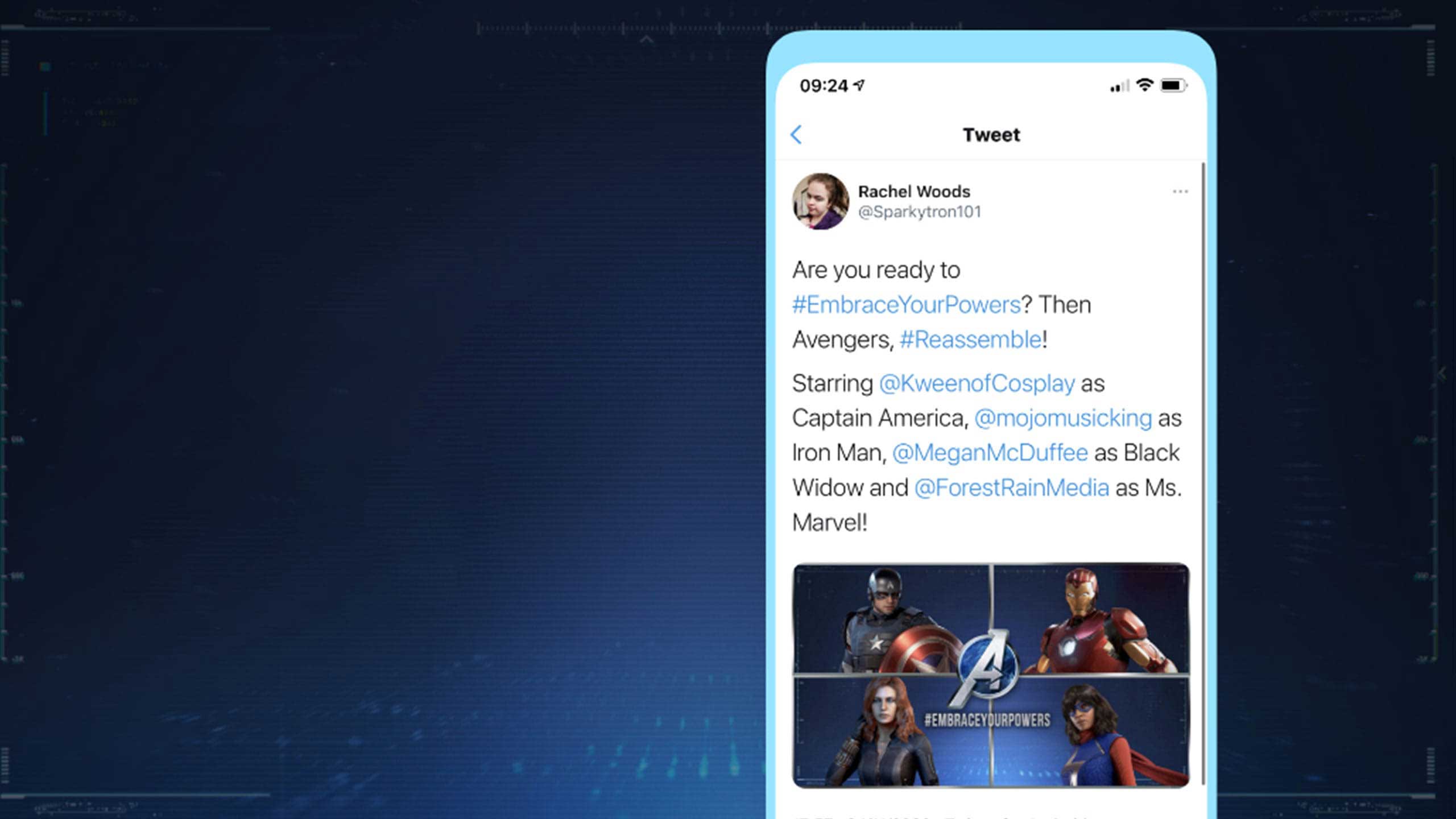 Phone screen showing the Avengers tweet sent to the user when they have picked their squad.