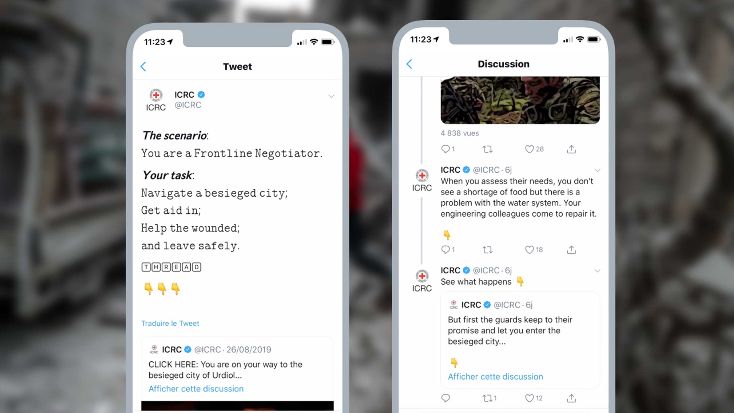 Phones showing the ICRC work on Twitter