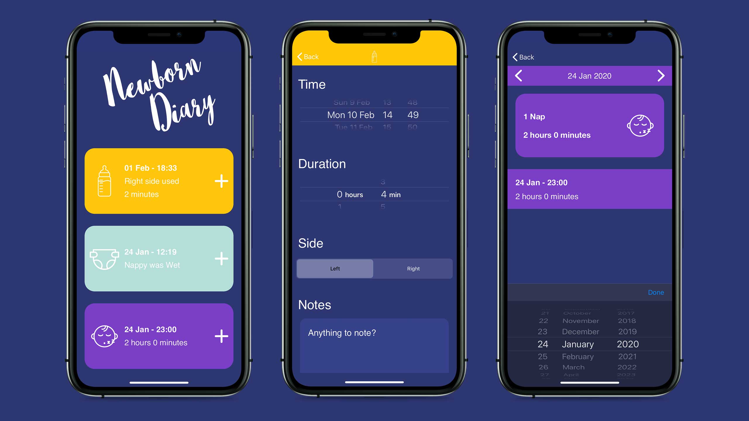 Phone Screens showing the Newborn Diary App