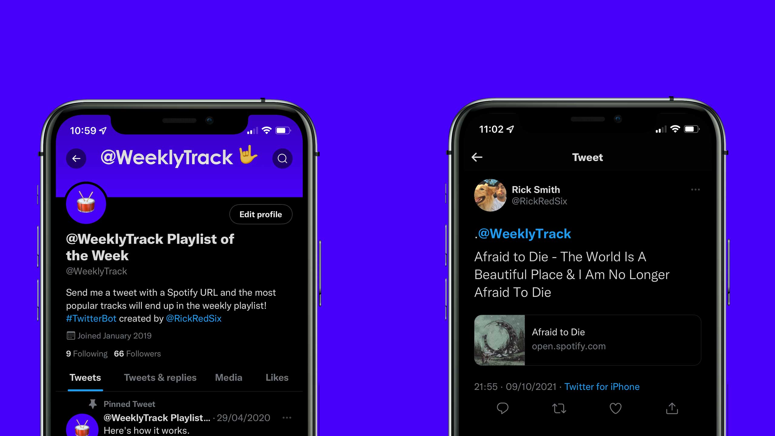 Phones displaying the Weekly Track Twitter account